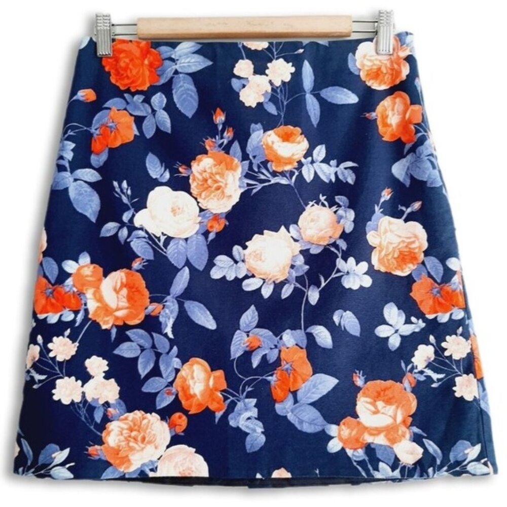 TALBOTS | Floral Cotton Blend Short Mini Skirt Navy Blue & Red Roses Sz 2